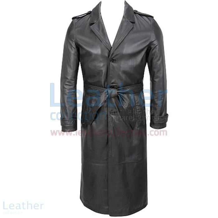 Belted Classic Trench Long Black Leather Coat - Motorcycle Leather Pant